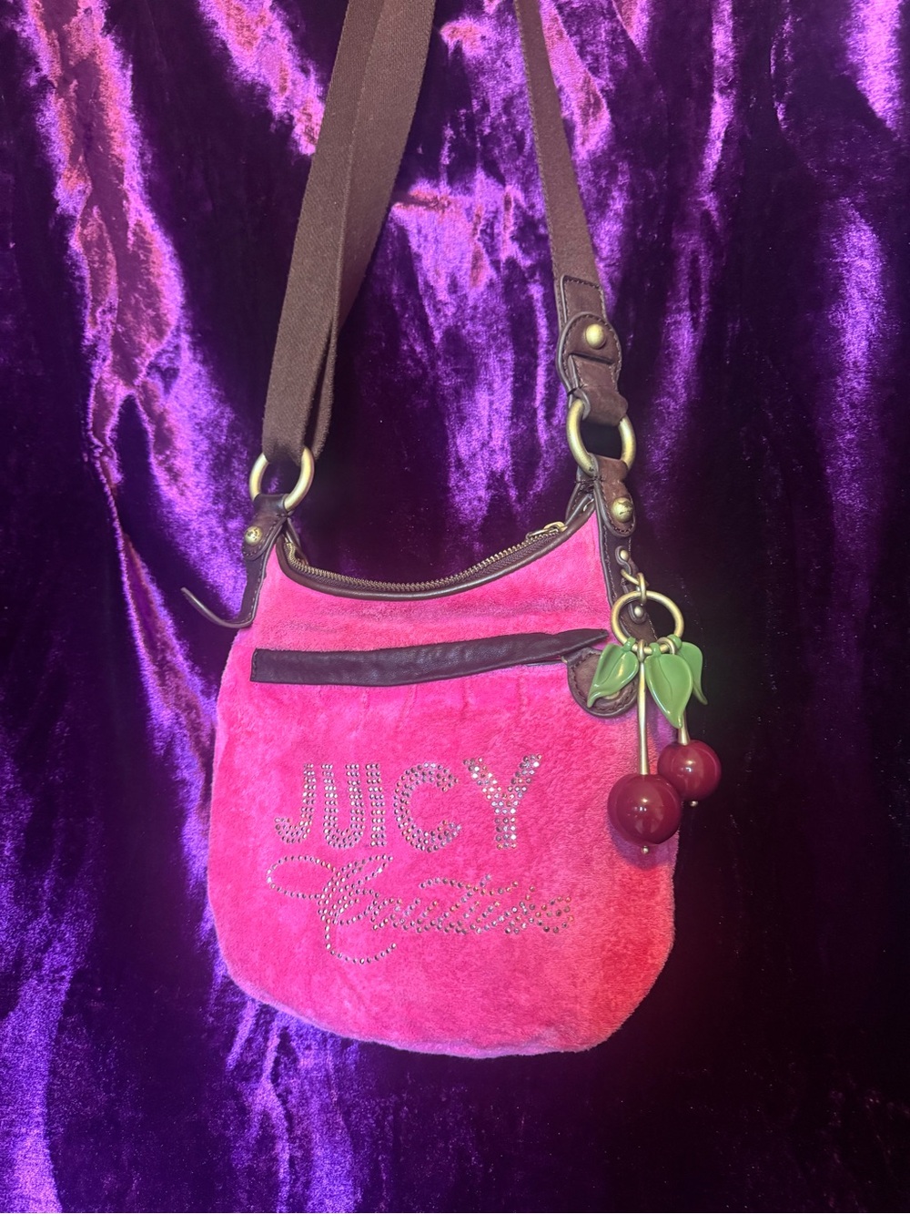 Vintage Y2K Juicy Couture Pink Velvet Crossbody Bag with Cherry Charm